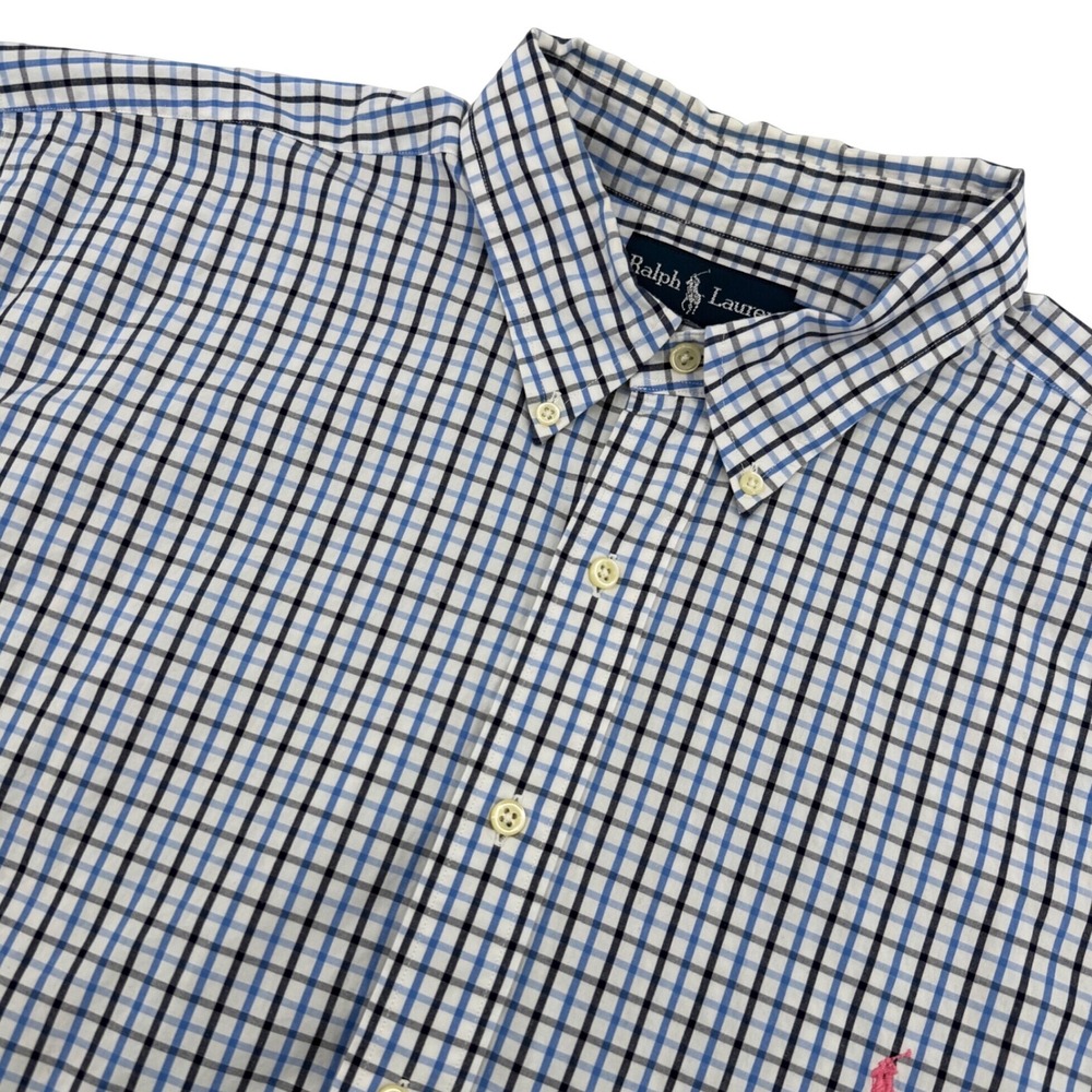 Ralph Lauren Button Down Shirt Men XLT Blue White Plaid Short Sleeve Tall Cotton